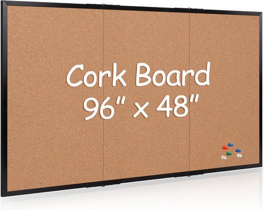 Board2by Extra Large Cork Bulletin Board 96" X 48", Foldable Notice Pin Board for Wall, Black Woodm Framed 8'x4' Corkboard, Wall Mounted Noticeboard with 32 Push Pins for School, Home & Office