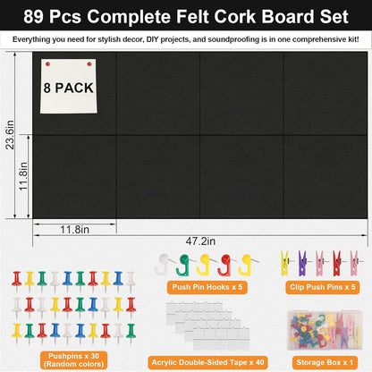 8 Pack 24"x48" Cork Boards for Walls, 89 Pcs Felt Cork Board Bulletin Board Kit with 40 Double-Sided Tapes, 30 Pushpins, 5 Clip Push Pins & 5 Push Pin Hooks, Wall Tile Vision Board for Office Home