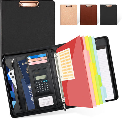 Ospelelf Zippered Padfolio Portfolio Folder, Leather Clipboard with Storage, 3 Ring Binder 1 Inch,12.1” Tablet Sleeve, 5 Dividers with Pocket, Refillable Notepad, Card Slot (Classic Black)