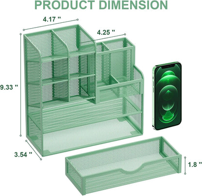 Marbrasse Mesh Pen Holder for Desk, Multi-Functional Pencil Organizer with Drawer, Desk Organizers and Accessories for Office Art Supplies (Green)