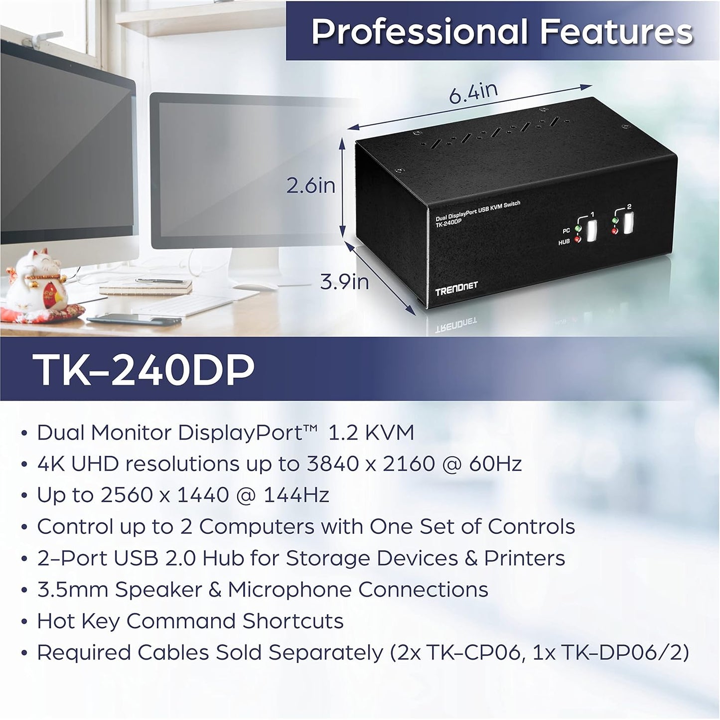 TRENDnet 2-Port Dual Monitor DisplayPort KVM Switch with Audio, 2-Port USB 2.0 Hub, 4K UHD Resolutions Up to 3840 x 2160, Connect Two DisplayPort Monitors, Dual Monitor KVM Switch, Black, TK-240DP