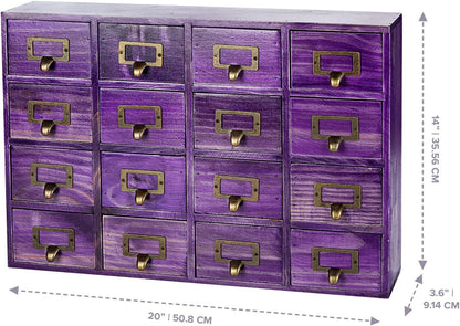 Purple 16-Slot Wooden Drawer Unit - Country Style Desk Organizer Box - 20"x3.6”x14” Wooden Storage Box w/ 16 Drawers - Countertop Drawers w/Label Holder & Handle - Slim 4-Level Organizer