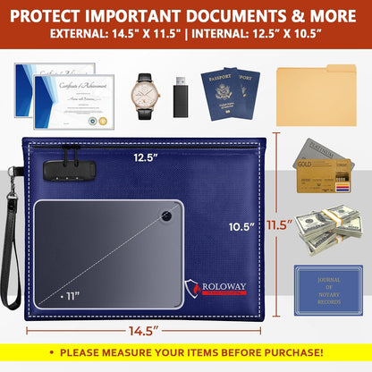 ROLOWAY Fireproof Document Bag (14.5 x 11.5 inch), 6400℉ Fireproof Money Bag with Zipper for Cash, Fire Safe Money Pouch with Lock (Blue)