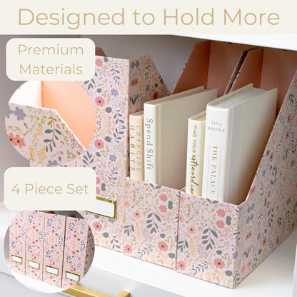 BLU MONACO Foldable Magazine File Set of 4 with Floral Boho Design – Decorative Cardboard Magazine Organizer for Home, Office & Dorm Room – Artistic Magazine Storage Solution