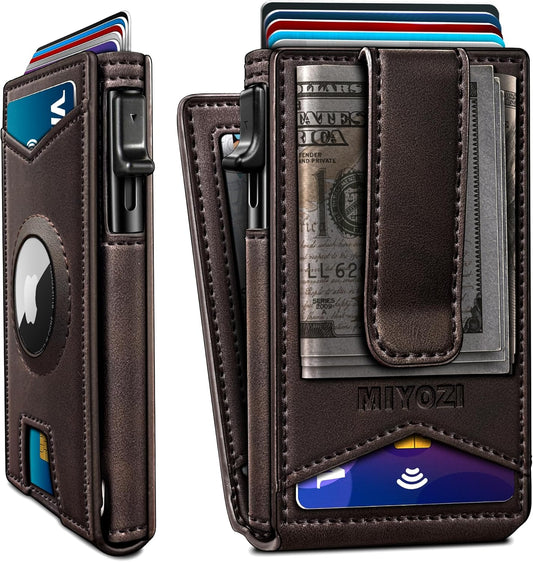Airtag Wallet for Men,with Money Clip Gift Boxed,Slim Front Pocket Wallet RFID Blocking Metal Case Smart Pop-up Credit Card Holder in Magnetic Leather Flip