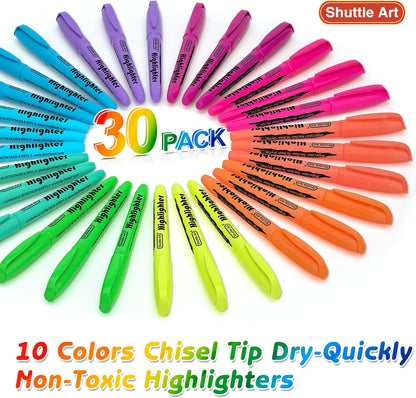 Shuttle Art Highlighters, 30 Pack Highlighters Assorted Colors, 10 Colors Chisel Tip Dry-Quickly Non-Toxic Highlighter Markers for Adults Kids Highlighting in Home School Office