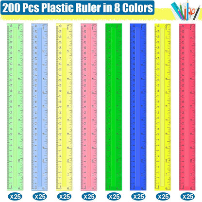 200 Pcs Rulers Bulk, 12 Inch Plastic Assorted Color Clear Rulers with Inches Centimeters Millimeter. Measuring Drawing Tool for Kids, Ideal Back to School Classroom Office Home Supplies