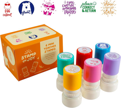 6 Self-Ink Flash Stamp Set, Multicolor Teacher Stamps for Classroom, Stamps for Teachers, Pre-Inked, Refillable Stamps (Celebration Set)