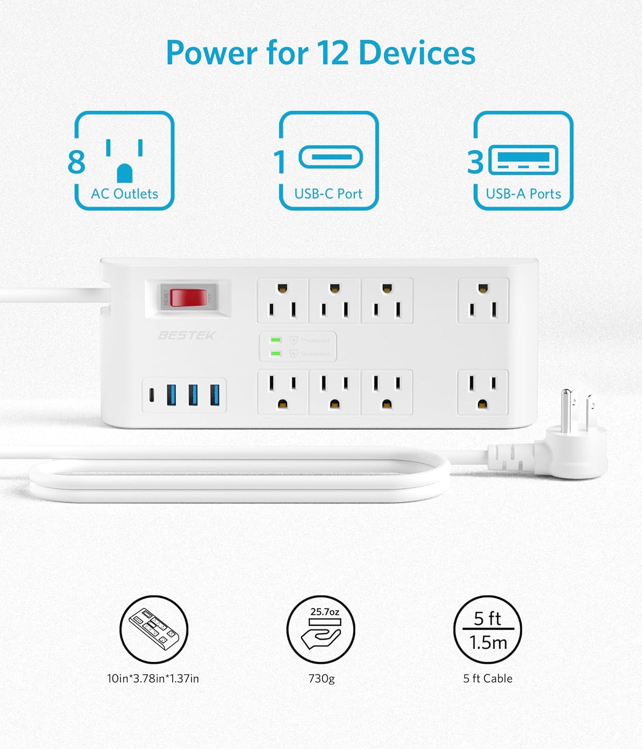 BESTEK 4,000 Joules Surge Protector with USB, Power Strips with 8 AC Outlet, 3 USB-A 2.4A 1USB-C 3A, MAX Output 1625W 13A, Long 5 Feet Heavy Duty Extension Cords 7 White