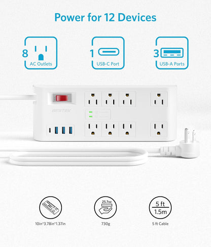 BESTEK 4,000 Joules Surge Protector with USB, Power Strips with 8 AC Outlet, 3 USB-A 2.4A 1USB-C 3A, MAX Output 1625W 13A, Long 5 Feet Heavy Duty Extension Cords 7 White