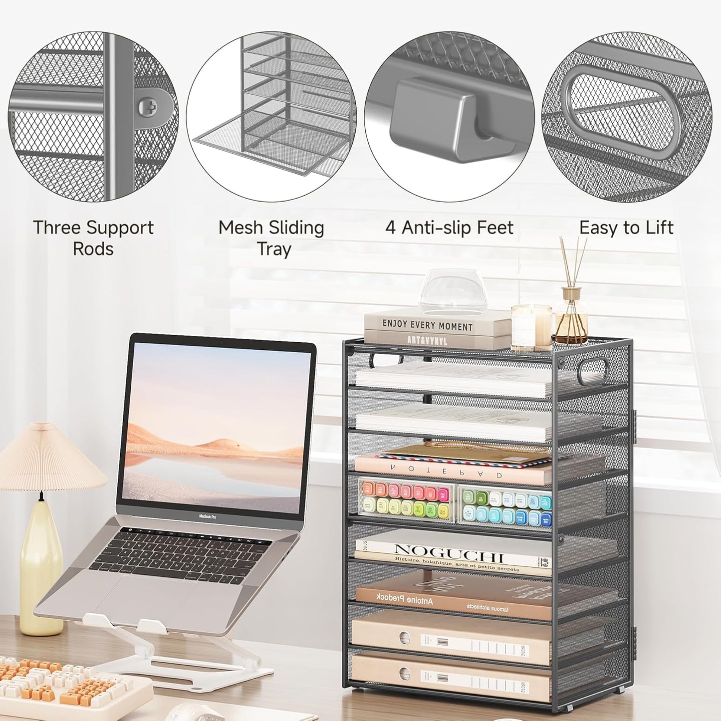 SUBEKYU 9 Tier Paper Organizer for Desk - Gray Metal Mesh Letter Tray File Paper Sorter Organizer Include 6 Pcs Adjustable Height Slid Tray with Handles for Office School Home Organization Storage