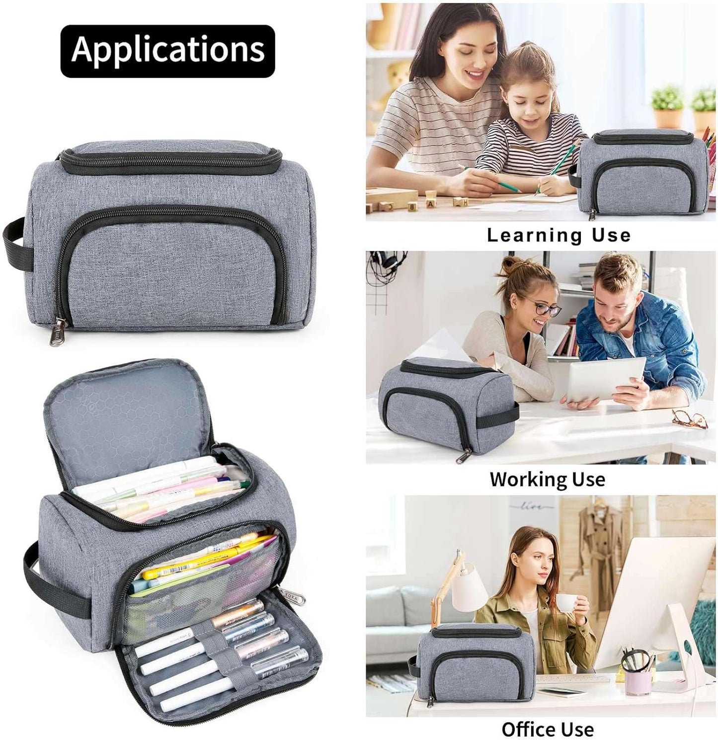 XQXA Large Capacity Pencil Case Organizer, Multifunctional Extra Big Pencil Pouch with Compartmens, Travel Simple Stationery Pen Bag, Fabric Pencil Bag for Men Women Girl Boy (Grey)