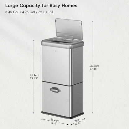 EKO Vintage 50L / 13.2 Gallon Motion Sensor Trash Can, Dual Compartment 32L + 18L Stainless Steel Kitchen Garbage Bin, Touchless Automatic Waste & Recycling Bin with Lid for Home or Office