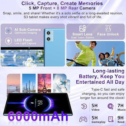 10 Inch Tablet Android 15 Tablets with Keyboard, 30GB 64GB 1TB Expand Tab PC with 2.0GHz Octa-Core, 8MP Camera, 6000mAh, GMS, WiFi 6, BT 5.0, FHD Display, Widevine L1, Gemini AI (Blue)