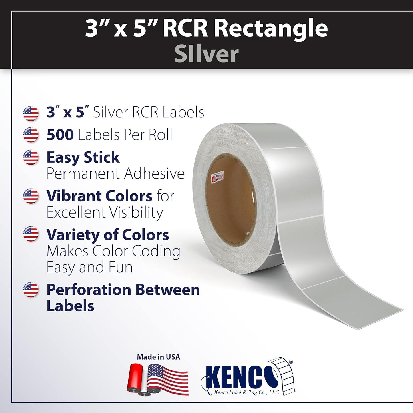 Kenco Color Coding 3 X 5 Rectangle Labels, Inventory Control Stickers 500 Labels Per Roll, Made in The USA (Silver)
