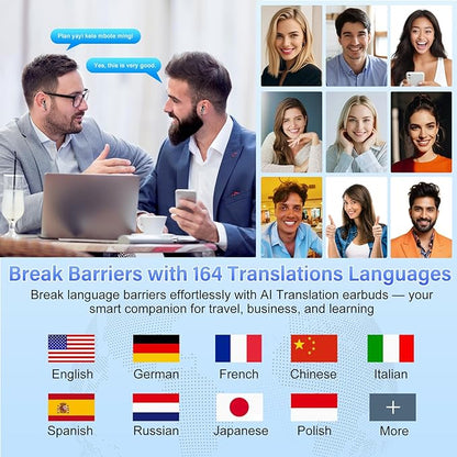 AI Translation Earbuds Real Time with Audio and Video Calls, 164 Language/7 Translation Modes Translator Earbuds Bluetooth 5.4 with APP, 48H AI Ear Buds Translator Device for Business/Learning/Travel