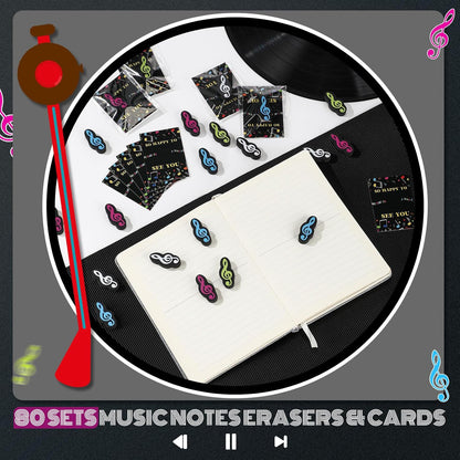 80 Sets Back to School Gifts for Students Funny Novelty Erasers Bulk Musical Note Erasers with Greeting Cards First of School Classroom Rewards from Teachers