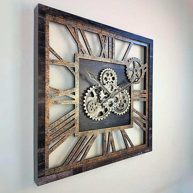 ImprovingLife The Gears Clock 24'' Inch Square Real Moving Gear Wall Clock Vintage Industrial Oversized Rustic Farmhouse (Vintage Black)