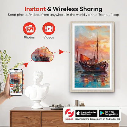 64GB Frameo 15.6" Digital Picture Frame Large 1920 x 1080 IPS FHD Touch Screen WiFi Electronic Photo Frames Share Moments Instantly Anywhere Best Gifts for Parents and Grandparents White Wood