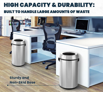 Alpine 17 Gallon Stainless Steel Open Top Trash Can – Commercial-Grade, Corrosion-Resistant, Brushed Finish, Large Capacity Garbage Bin for Home, Office, Restaurant & High-Traffic Areas.