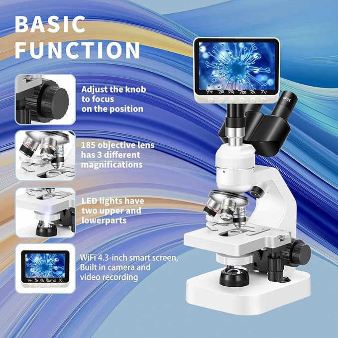 Trinocular Microscope 40x-2000x Magnification Double-Layer Stage with LED Lights on top and Bottom, Thick and Thin Dual Focusing knobs, Professional Biological Microscope (WiFi Electronic Eyepiece)