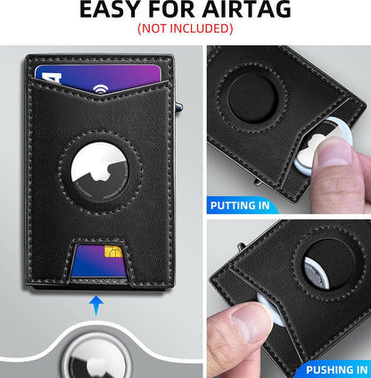 Airtag Wallet for Men,with Money Clip Gift Boxed,Slim Front Pocket Wallet RFID Blocking Metal Case Smart Pop-up Credit Card Holder in Magnetic Leather Flip