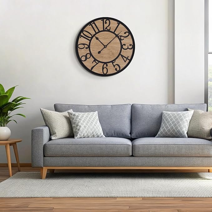 Maxstar Large Wall Clock for Living Room,Metal & Wood Silent Rustic Farmhouse with Arabic Numeral, Battery Operated Wall Clocks Decorative for Bedroom Office Home Decor 24inch Black