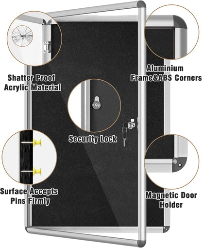 36"x24" Enclosed Bulletin Board, Lockable Weather-Resistant Aluminum Cork Noticeboard for School & Office, Silver Frame w/Black Flet