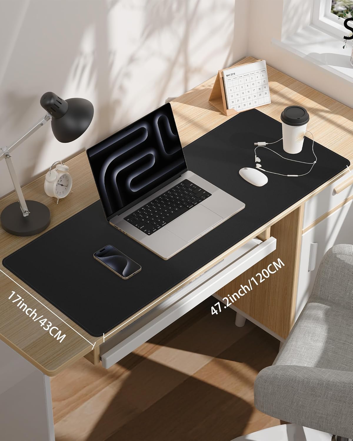 Large Desk Pad Mat - Waterproof Mouse Pad & Desk Protector, Non-Slip XL PU Leather Gaming Mat for Keyboard/Mouse, Stitched Edge with Ergonomic Support, 47"x17" (Black)