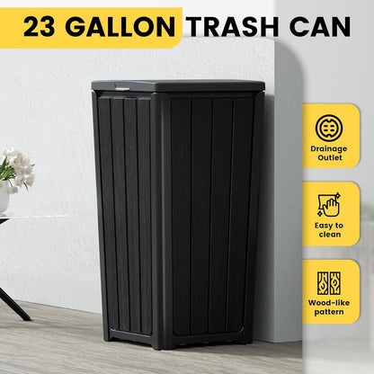 Outdoor Trash Can with Lid, Waterproof Resin Garbage Can with Tiered Lid, Outside Trash Bin for Patio, Kitchen, Backyard or Deck
