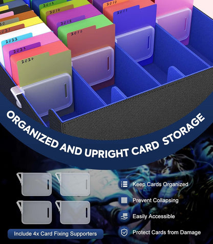 MoKo Trading Card Storage Box, 3000+ MTG Deck Box with 24 Colorful Dividers & 4 Card Supporters, Commander Card Deck Case Fits for Magic Game Cards, YugiOh, TCG, PTG and Sport Cards, Black Blue