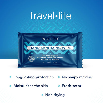 Travel Lite Alcohol-Free Hand Wipes with Aloe Vera and Vitamin E, Fresh Scent 50ct Individually Wrapped Travel Essentials Wipes for Adults and Kids
