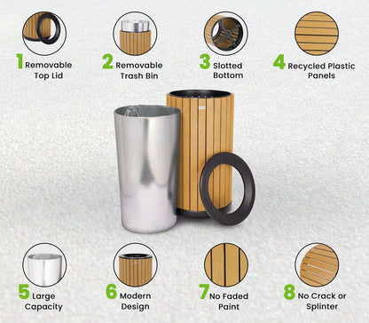 Alpine 32 Gallon Commercial Outdoor Trash Can - Heavy Duty Garbage Can Outdoor, Industrial Open Top Trash Can with Plastic Panels for Patio, Parks, Trails, Resorts (Flat Lid - Cedar)