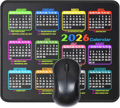 Calendar Mouse Pad 9.5 X 7.8 in, Mouse Pads with Stitched Edges and Non-Slip Rubber Base, Home Office Desk Decor Accessories for Computer Laptop Work Gaming (Black 2026 with Holidays)