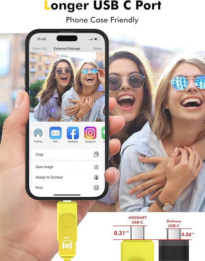 MOSDART 128GB USB3.1 Fast Speed C and A Dual Flash Drive, exFAT Memory Stick with Keychain and LED Indicator, for iPhone 15,16, 17, Android Phone, iPad, MacBook, and Other Laptops,Yellow