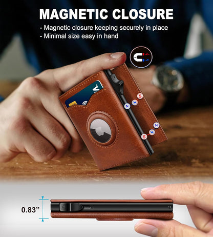 Airtag Wallet for Men,with Cash Pocket 2 ID Window 9-12 Cards,Metal Case Smart Slim Pop Up Credit Card Holder Flip with Magnetic Closure RFID Blocking Trifold wallet with Gift Box