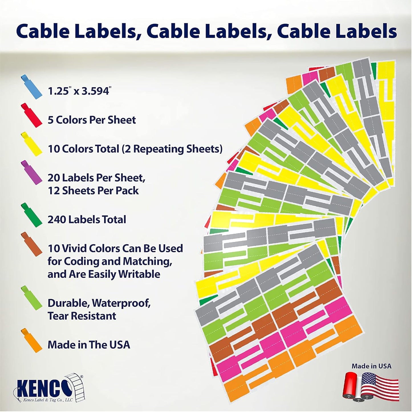 Kenco Cable Labels - 240 Labels 12 Sheets, 10 Colors Waterproof Cord Labels - Write on Stickers Tear and Liquid Resistant for Color Coding and Identification -Made in The USA (240 Labels)