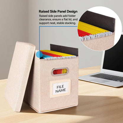 2 Pack Hanging File Folders Organizer with Lid, Letter Size Fabric File Storage Box Collapsible, Portable Office Document Holder with Metal Handle, Smooth PVC Rails, Beige