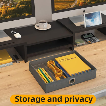 WESTREE Dual Monitor Stand Riser with Drawer, Adjustable Length and Angle Monitor 2 Solts for Phone & Tablet, Desktop Organizer Stand for Computer/Laptop/PC/Printer