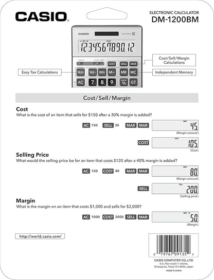 Casio DM-1200BM – Business Desktop Calculator with Cost/Sell/Margin & Tax Keys | Extra-Large 12-Digit Display, Kickstand | Ideal for Office & Finance Use