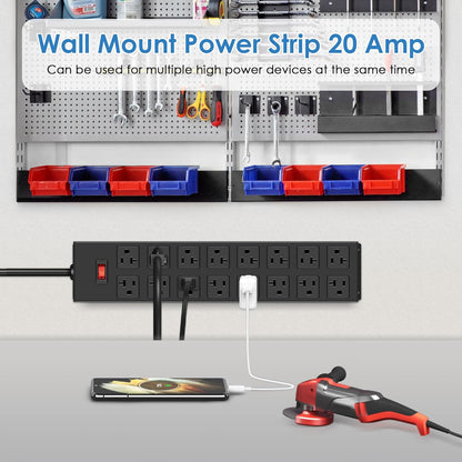 JUNNUJ Heavy Duty 20 Amp Power Strip with Surge Protection 3000J, Garage 16 Outlets Metal 12 Gauge, Desk Strips Wide Spaced, High Amp 5-15P Adapter Shop 6-20R T-Slot Industrial Outlets (16AC, 6FT)