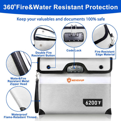 Upgraded 6200°F Fireproof Money Bag with Lock, Fireproof Bag w. Zipper/Reflective Strip, 9 Layers of Heat Insulated Material, Water Resistant Fire Proof Money Bag for Cash, Fire Bag for A5 documents