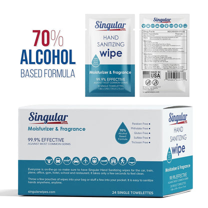 Hand Sanitizing Wipes Travel Size by Singular Wipes – 24ct Individually Wrapped | Fresh Citrus Scent, Moisturizing, 70% Alcohol Wipes | Travel, Office, School, Home | Made in USA
