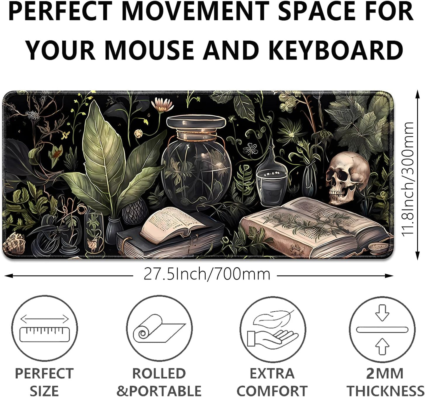 Dark Academia Witchcraft Mouse Pad,Extended Skull Magic Book Mousepad Desk Pad with Stitched Edges,Non-Slip Waterproof Rubber Base Mouse Mat for Office Computer Keyboard Laptop Home(27.5x11.8 in)