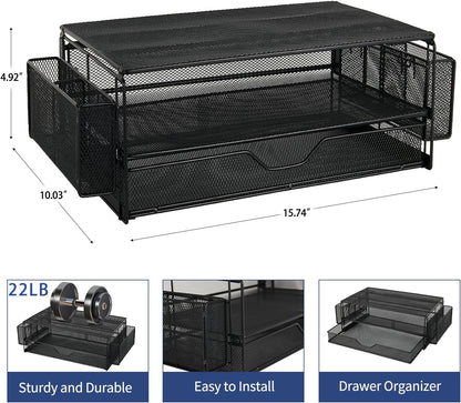 AUPSEN 2 Tier Computer Monitor Stands with Drawer and 2 Pencil Holder, Metal Monitor Stand Monitor riser, Computer Desk Organizer and Accessories for Laptop, Computer, Printer, Office Supplies(Black)