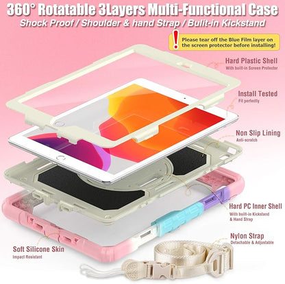SEYMAC stock Case for iPad 9th/ 8th/ 7th Generation 10.2'', Shockproof with Screen Protector, Pencil Holder [360° Rotating Hand Strap] & Stand, for iPad 10.2 inch 2021-2019 (Yellowish+Pink)