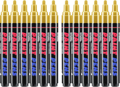 Gold Paint Pens Paint Markers - 12 Pack Permanent Quick Dry Waterproof Marker Pens for Rocks Wood Fabric Plastic Canvas Glass Mugs Metal Tire Stone