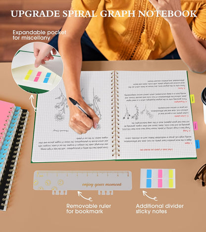 Graph Paper Notebook, Spiral Notebook Journal 8.5” x 11”, A4 Large Grid Notebooks for Women Men, 100 GSM Graph Paper, Plastic Hardcover Spiral Graphing Journals for Work School Engineerin, Green