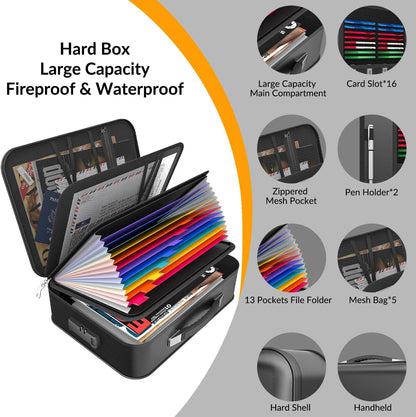 Hard Case Fireproof Document Box, Important File Organizer with Lock Waterproof Zipper, Portable Home Office Travel Storage Accordion Folder for Letter A4 Laptop Files