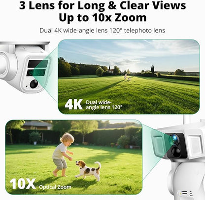 4G LTE Cellular Security Camera, 4K Wireless Outdoor Solar Camera 12000mAh, No WiFi or WiFi Duo-Mode, 10x Optical Zoom, 360° Pan and Tilt AI Tracking, 64G SD/SIM Card, IP66 Weather-Resistant - White